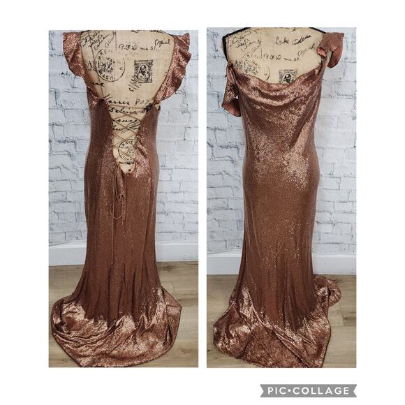 Rachel Zoe cecilia rose gold sequin gown Sz 12 Maxi formal Dress ACLC - Picture 2 of 5